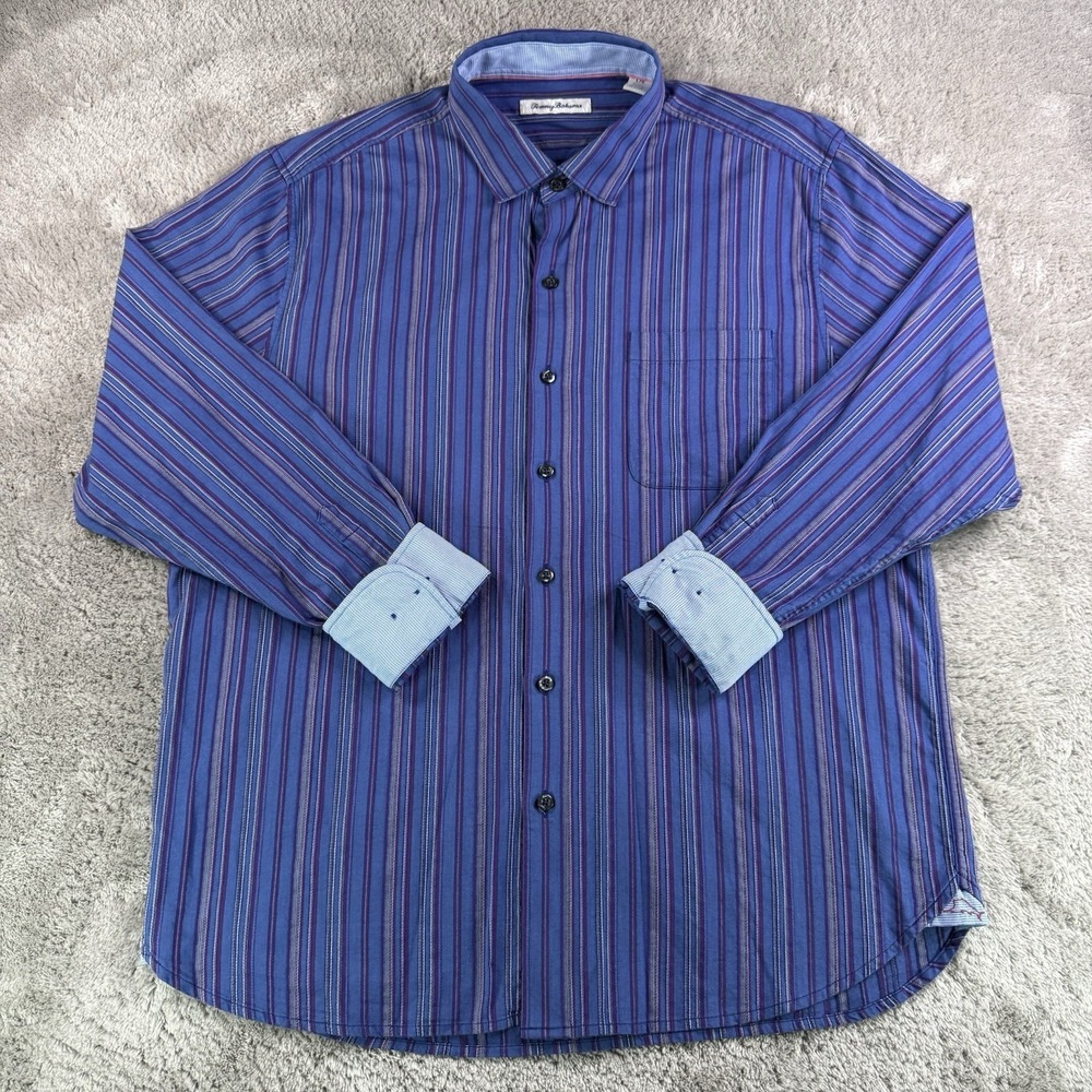 Tommy Bahama Silk Blend Shirt Mens XL Blue Purple Stripe Stretch Button Front LS